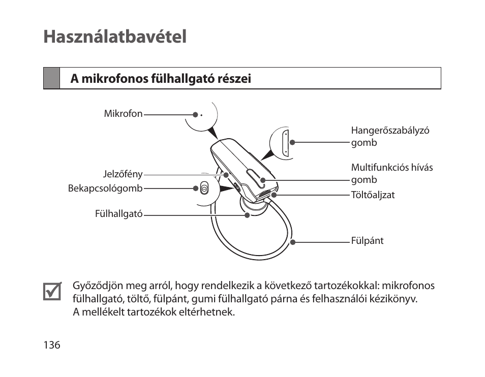 Használatbavétel, A mikrofonos fülhallgató részei | Samsung HM1800 User Manual | Page 138 / 161