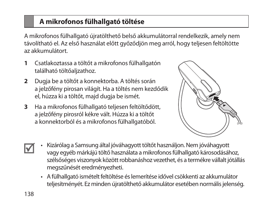 A mikrofonos fülhallgató töltése | Samsung HM1800 User Manual | Page 140 / 161