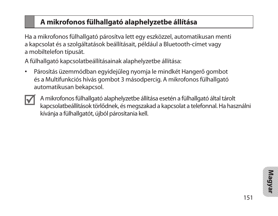 A mikrofonos fülhallgató alaphelyzetbe állítása | Samsung HM1800 User Manual | Page 153 / 161