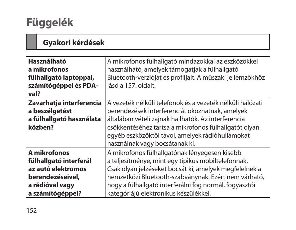 Függelék, Gyakori kérdések | Samsung HM1800 User Manual | Page 154 / 161