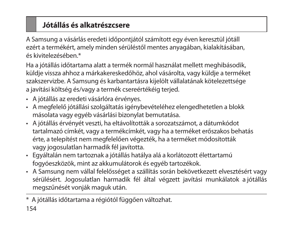 Jótállás és alkatrészcsere | Samsung HM1800 User Manual | Page 156 / 161