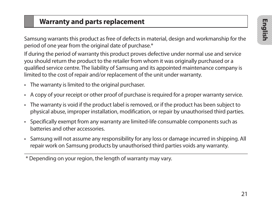 Warranty and parts replacement | Samsung HM1800 User Manual | Page 23 / 161