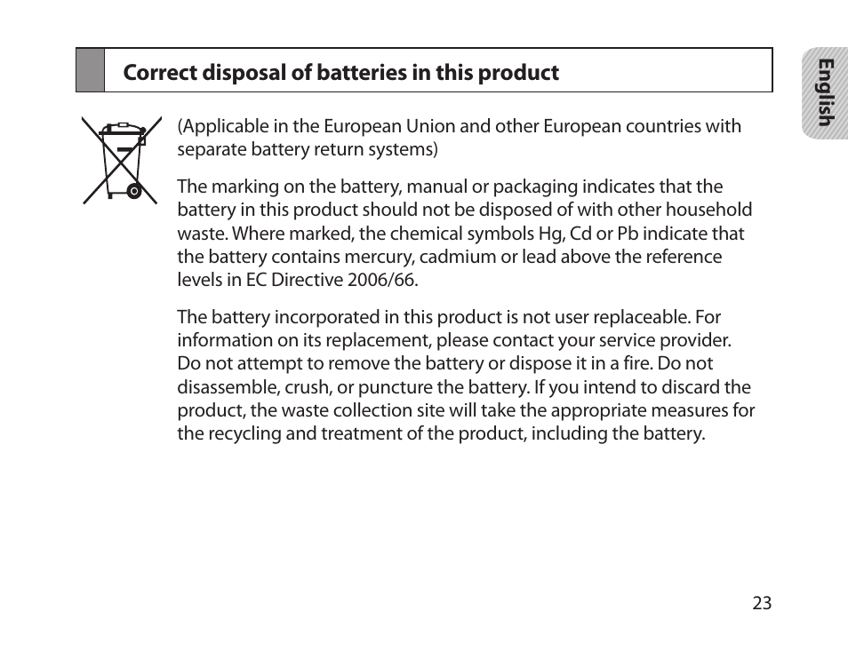 Correct disposal of batteries in this product | Samsung HM1800 User Manual | Page 25 / 161