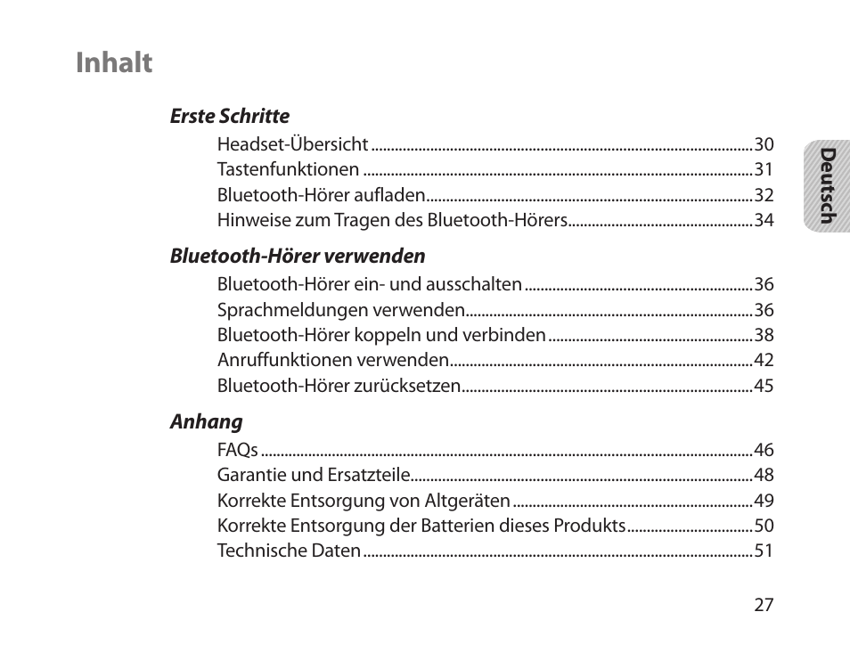 Deutsch, Inhalt | Samsung HM1800 User Manual | Page 29 / 161