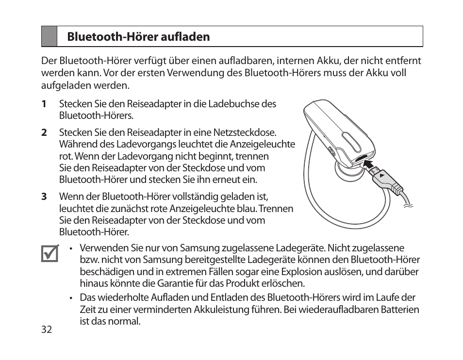 Bluetooth-hörer aufladen | Samsung HM1800 User Manual | Page 34 / 161