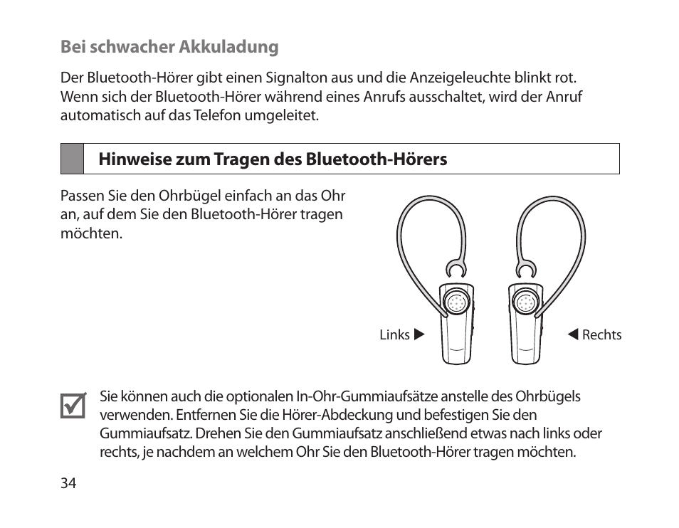 Hinweise zum tragen des bluetooth-hörers | Samsung HM1800 User Manual | Page 36 / 161