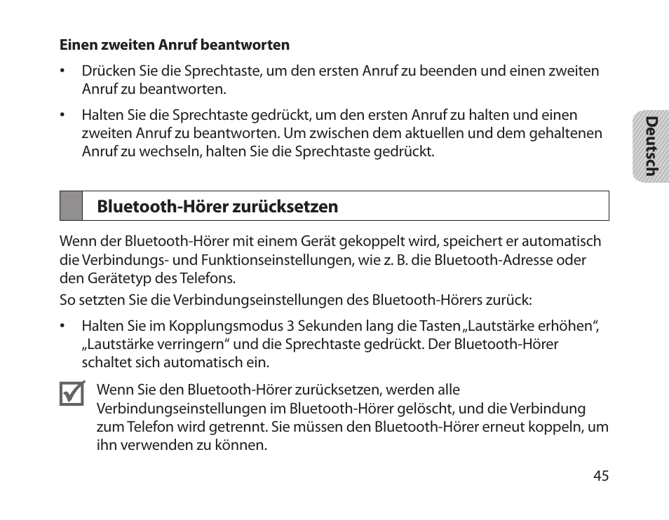 Bluetooth-hörer zurücksetzen | Samsung HM1800 User Manual | Page 47 / 161