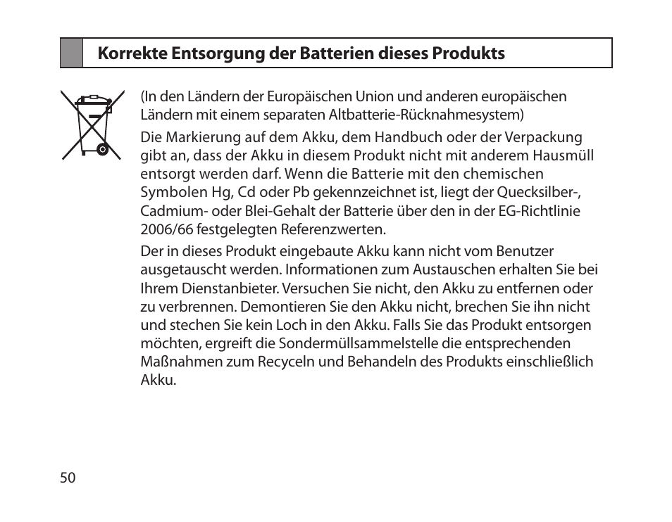 Korrekte entsorgung der batterien dieses produkts | Samsung HM1800 User Manual | Page 52 / 161