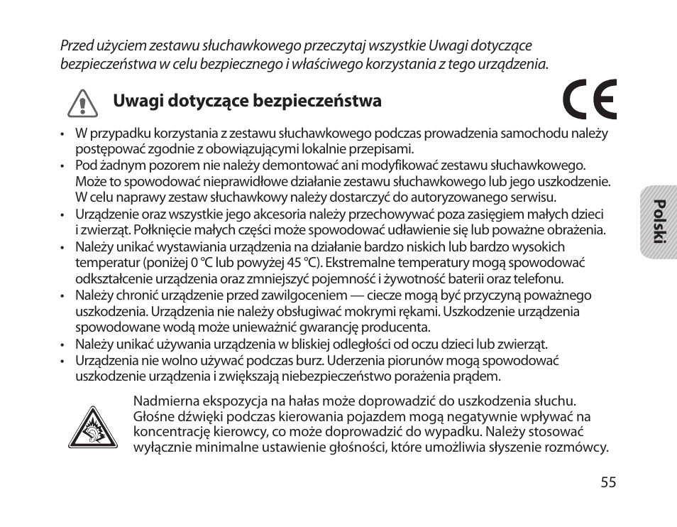 Uwagi dotyczące bezpieczeństwa | Samsung HM1800 User Manual | Page 57 / 161