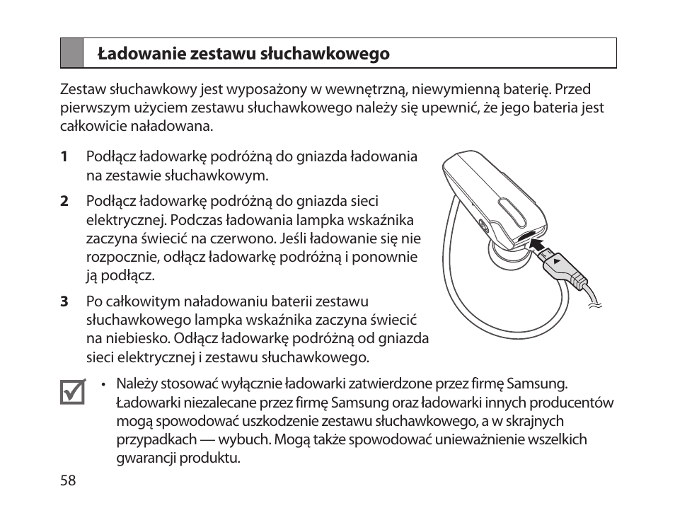 Ładowanie zestawu słuchawkowego | Samsung HM1800 User Manual | Page 60 / 161