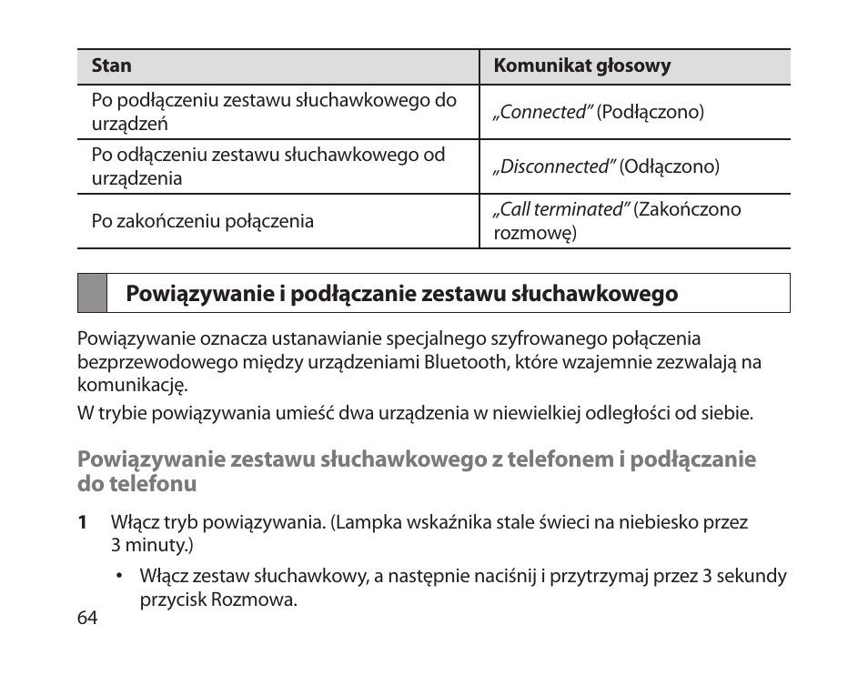 Powiązywanie i podłączanie zestawu słuchawkowego | Samsung HM1800 User Manual | Page 66 / 161