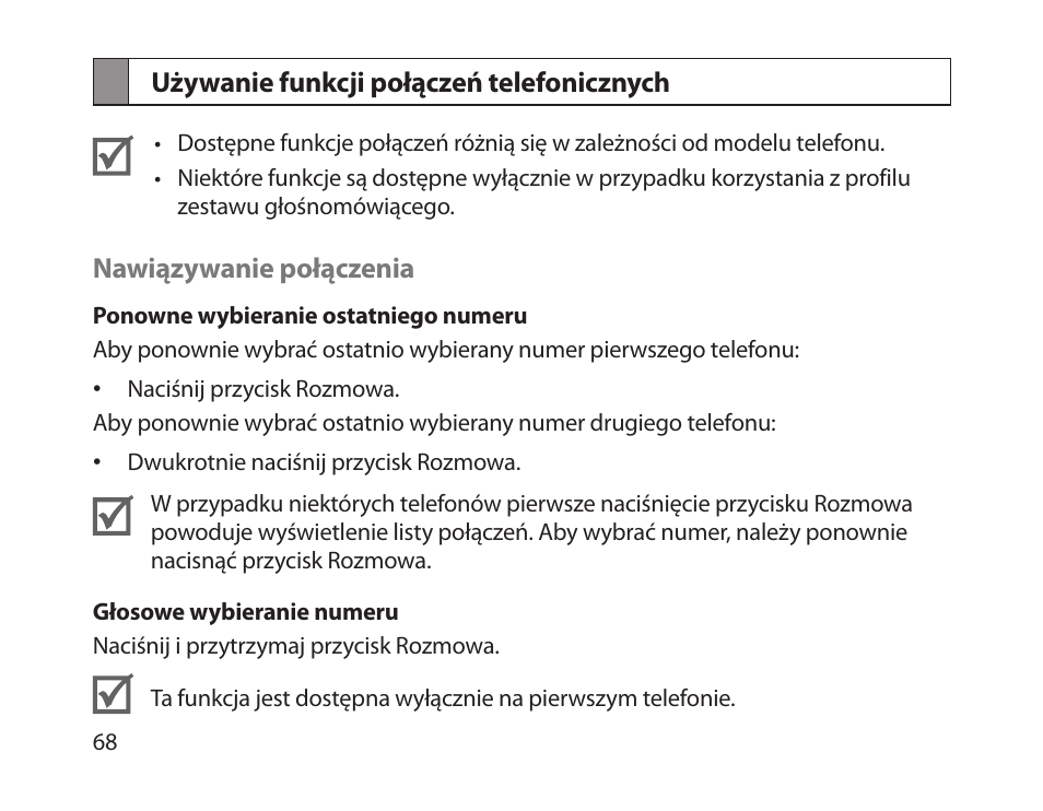 Używanie funkcji połączeń telefonicznych | Samsung HM1800 User Manual | Page 70 / 161