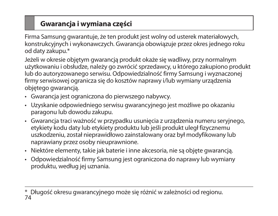 Gwarancja i wymiana części | Samsung HM1800 User Manual | Page 76 / 161