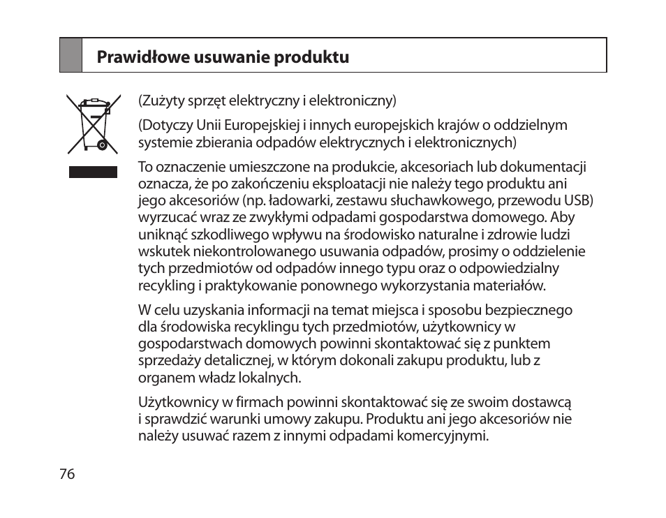 Prawidłowe usuwanie produktu | Samsung HM1800 User Manual | Page 78 / 161