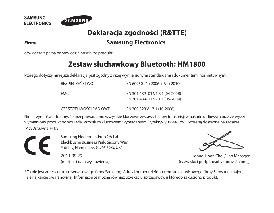 Deklaracja zgodności (r&tte), Zestaw słuchawkowy bluetooth: hm1800, Samsung electronics | Samsung HM1800 User Manual | Page 81 / 161