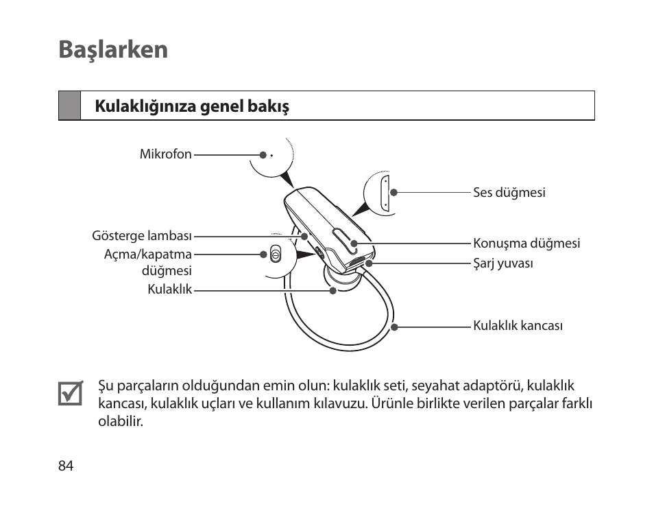 Başlarken, Kulaklığınıza genel bakış | Samsung HM1800 User Manual | Page 86 / 161