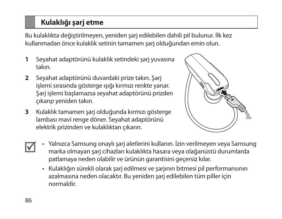 Kulaklığı şarj etme | Samsung HM1800 User Manual | Page 88 / 161