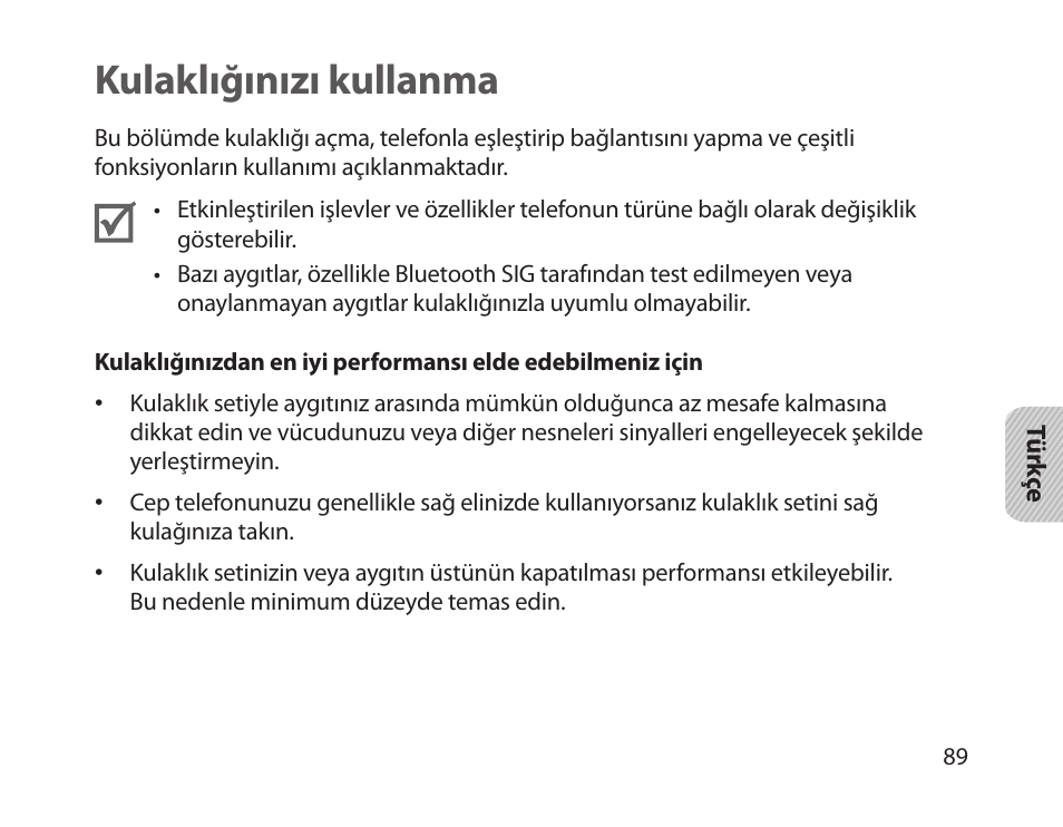 Kulaklığınızı kullanma | Samsung HM1800 User Manual | Page 91 / 161