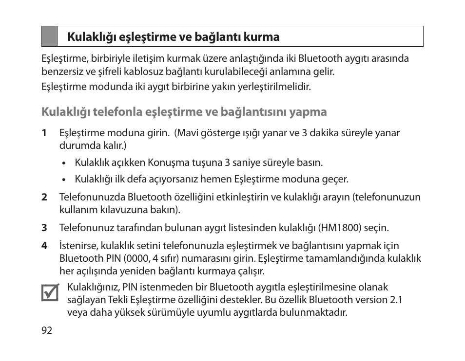 Kulaklığı eşleştirme ve bağlantı kurma | Samsung HM1800 User Manual | Page 94 / 161