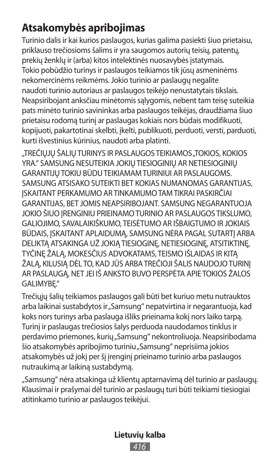 Atsakomybės apribojimas | Samsung GT-I8262 User Manual | Page 417 / 718
