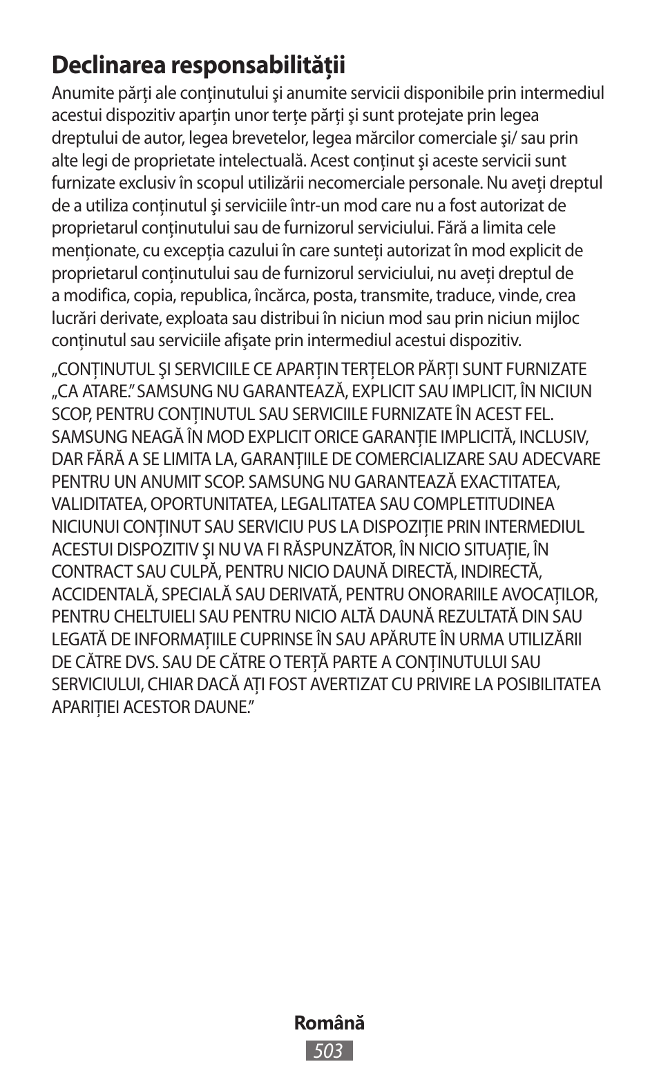 Declinarea responsabilităţii | Samsung GT-I8262 User Manual | Page 504 / 718