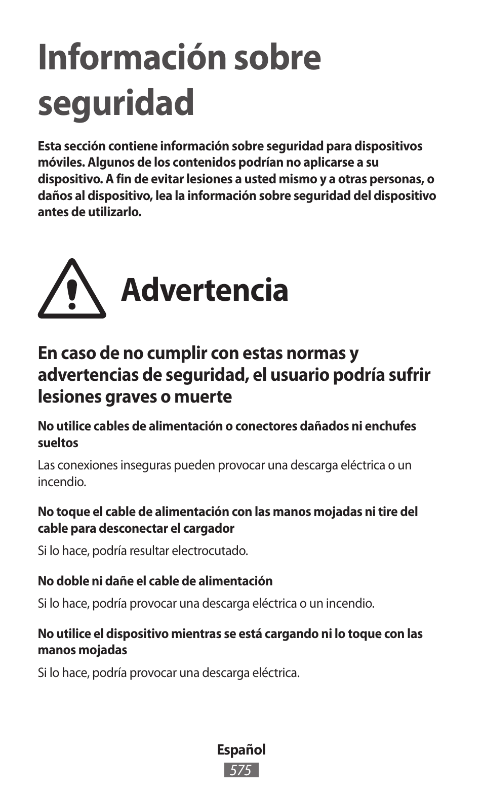 Español, Información sobre seguridad, Advertencia | Samsung GT-I8262 User Manual | Page 576 / 718