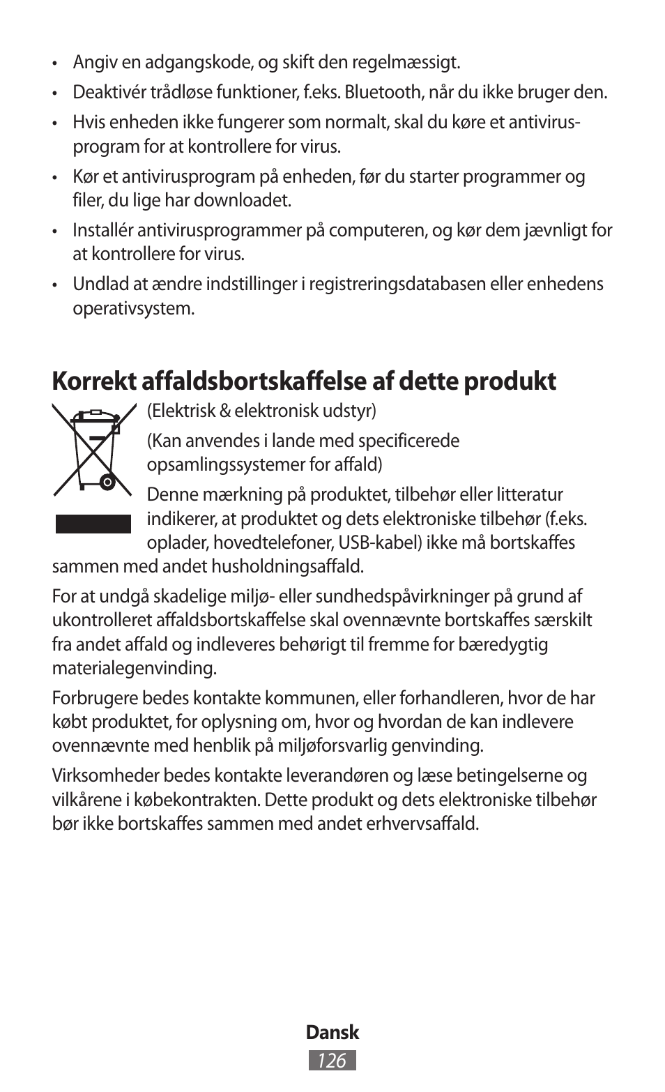 Korrekt affaldsbortskaffelse af dette produkt | Samsung SM-R350 User Manual | Page 127 / 605