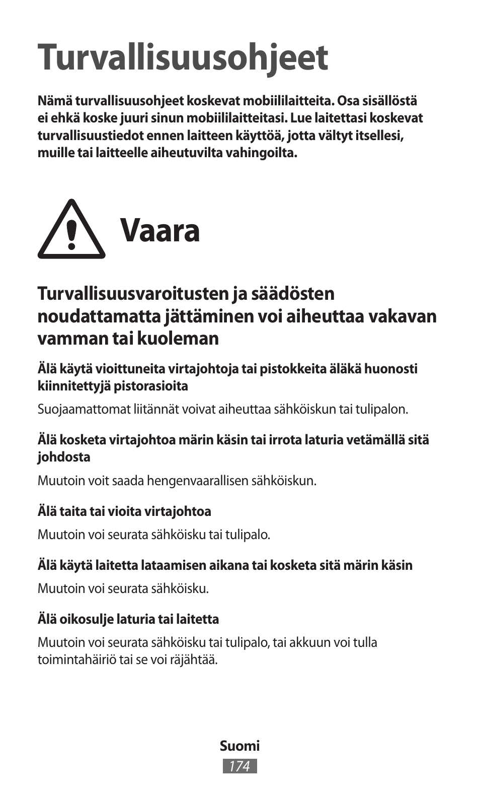 Suomi, Turvallisuusohjeet, Vaara | Samsung SM-R350 User Manual | Page 175 / 605