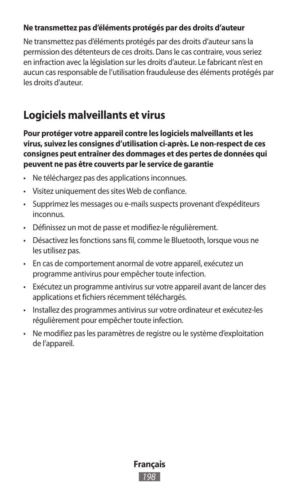 Logiciels malveillants et virus | Samsung SM-R350 User Manual | Page 199 / 605