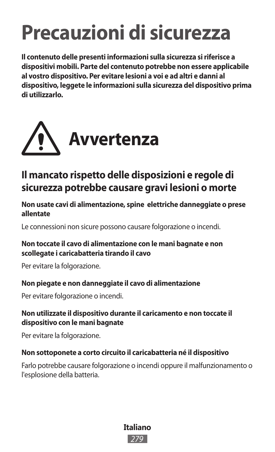 Italiano, Precauzioni di sicurezza, Avvertenza | Samsung SM-R350 User Manual | Page 280 / 605