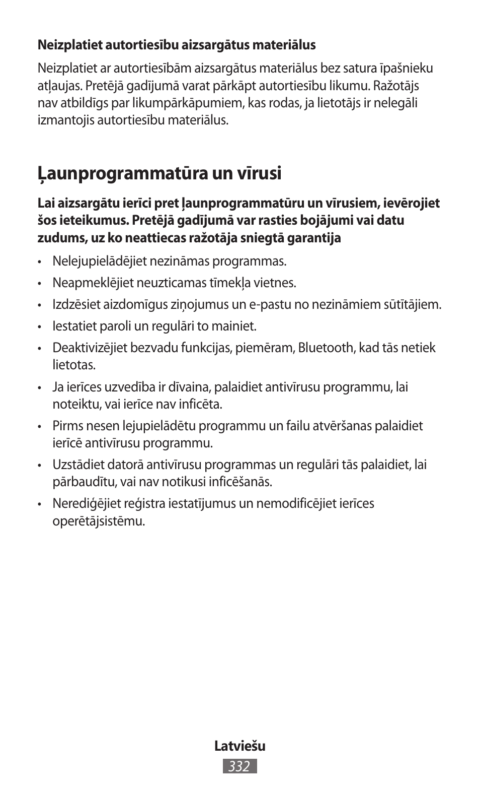 Ļaunprogrammatūra un vīrusi | Samsung SM-R350 User Manual | Page 333 / 605