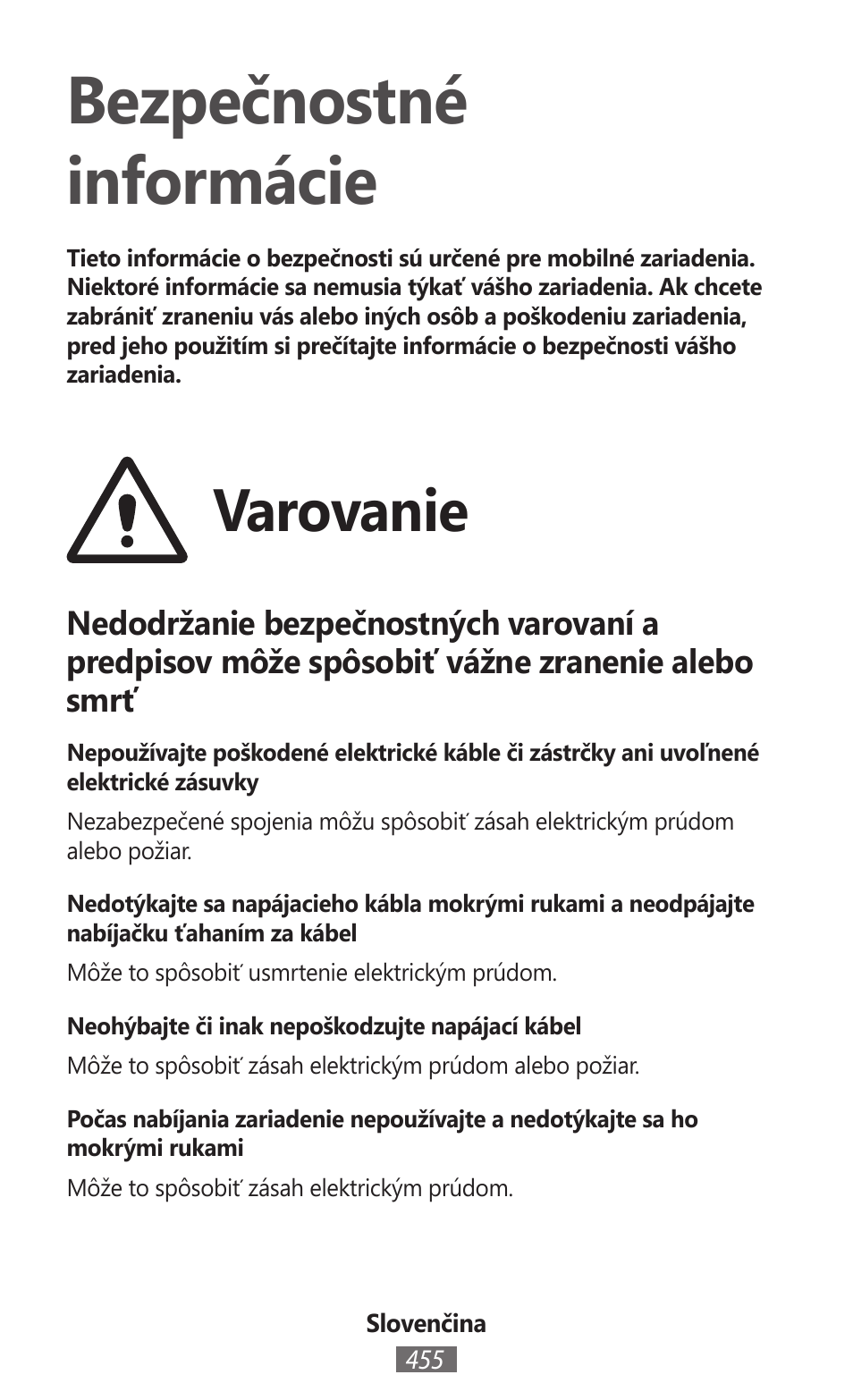 Slovenčina, Bezpečnostné informácie, Varovanie | Samsung SM-R350 User Manual | Page 456 / 605