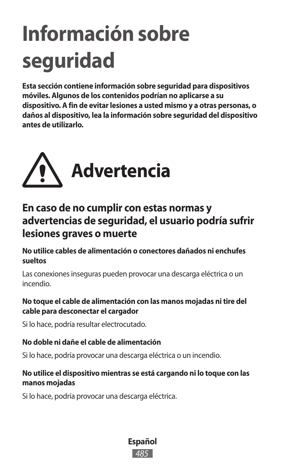 Español, Información sobre seguridad, Advertencia | Samsung SM-R350 User Manual | Page 486 / 605