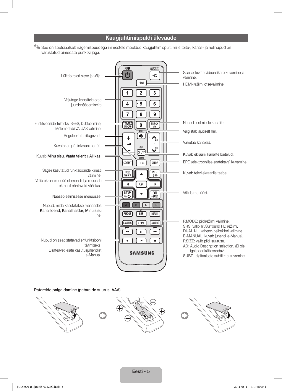 Kaugjuhtimispuldi ülevaade | Samsung UE32D4000NW User Manual | Page 101 / 146