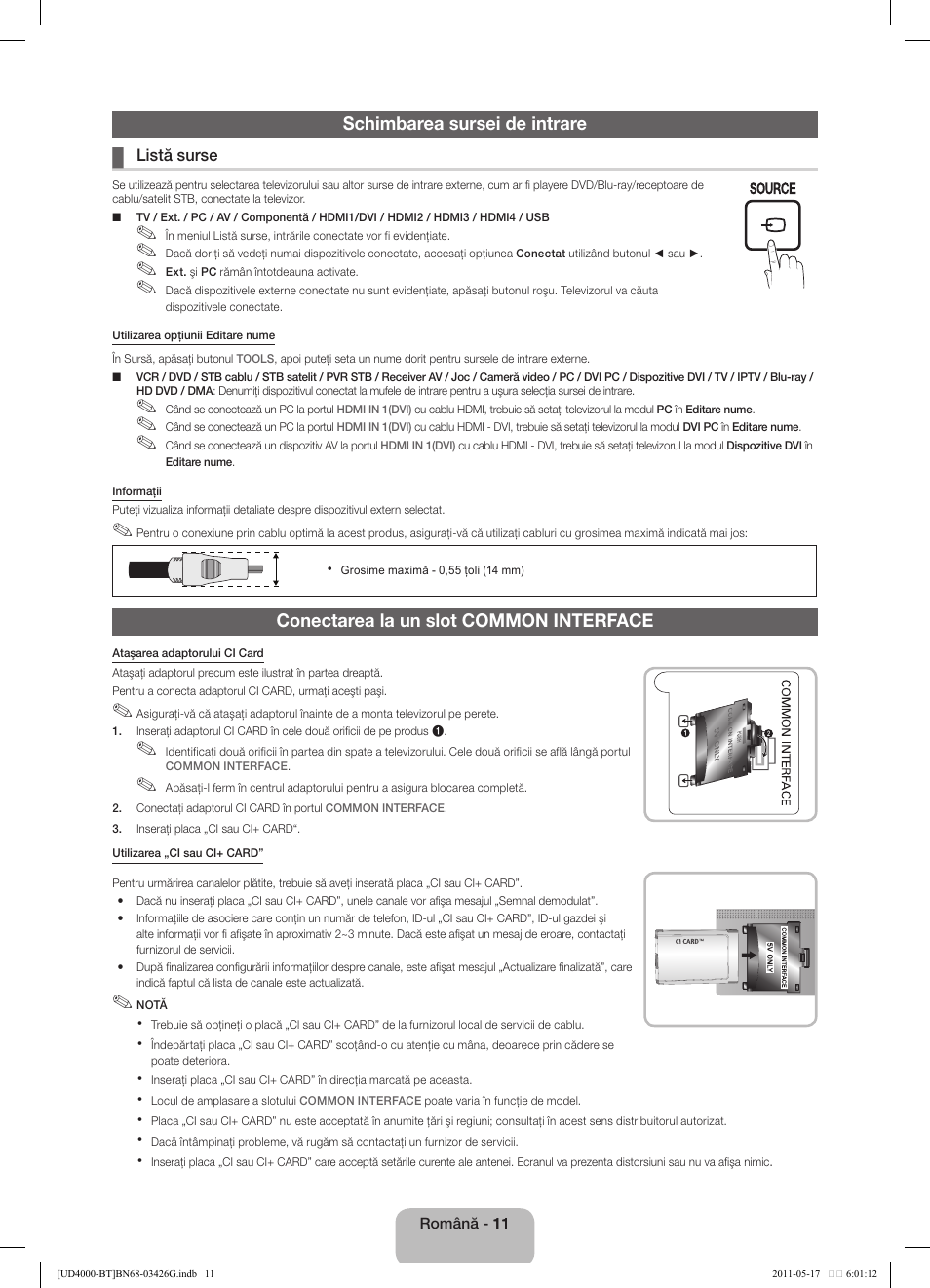 Schimbarea sursei de intrare, Conectarea la un slot common interface | Samsung UE32D4000NW User Manual | Page 123 / 146