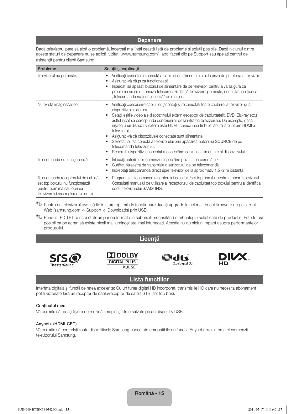 Licenţă lista funcţiilor | Samsung UE32D4000NW User Manual | Page 127 / 146