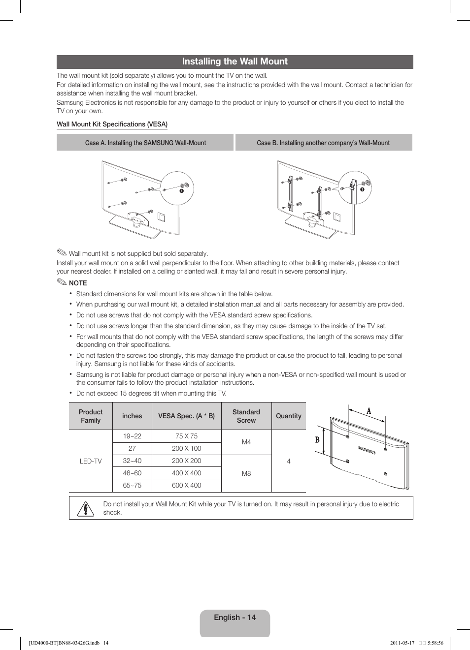 Installing the wall mount | Samsung UE32D4000NW User Manual | Page 14 / 146