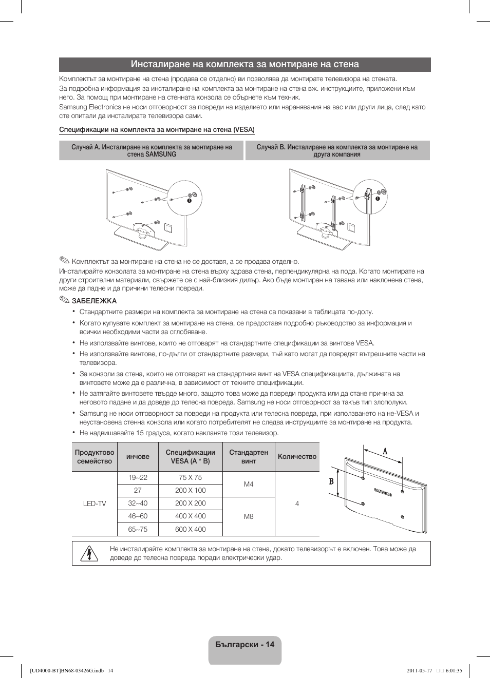 Инсталиране на комплекта за монтиране на стена | Samsung UE32D4000NW User Manual | Page 142 / 146