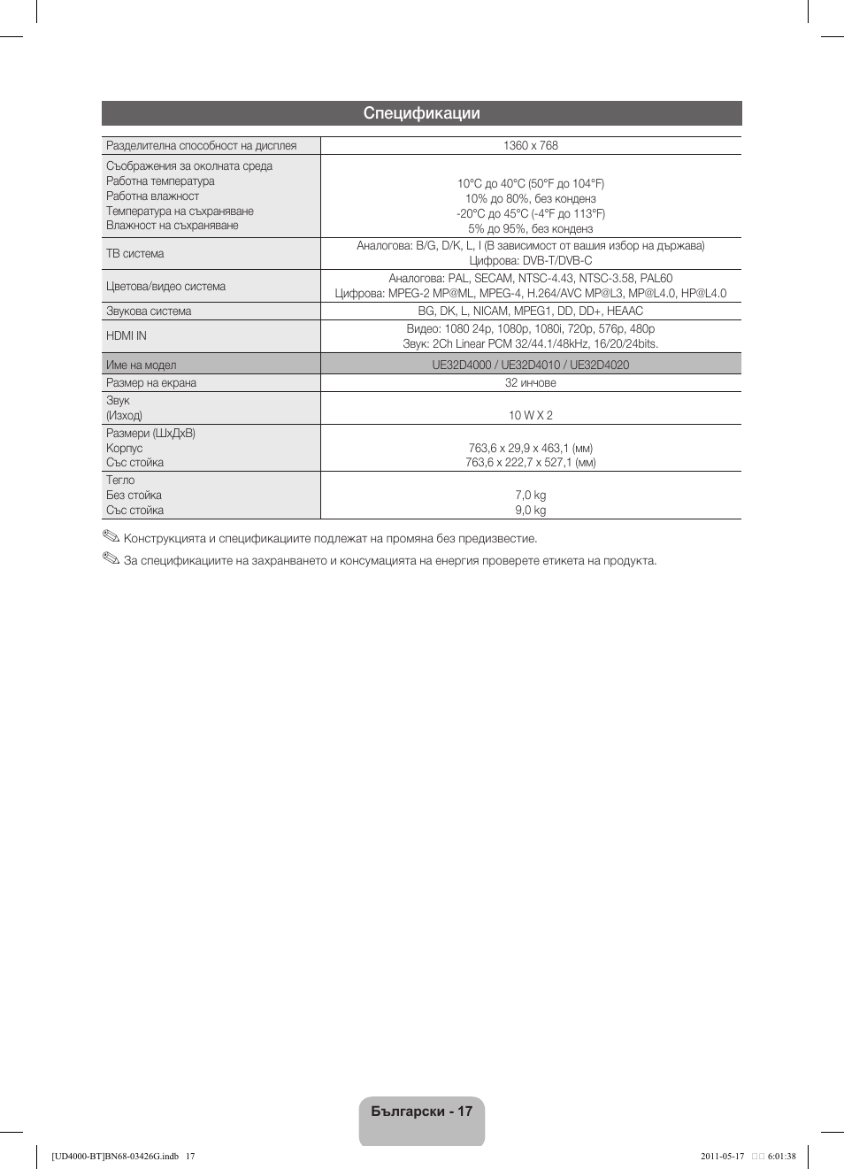 Спецификации | Samsung UE32D4000NW User Manual | Page 145 / 146