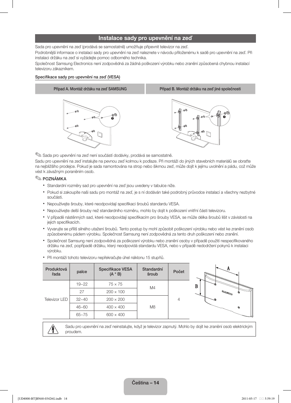 Instalace sady pro upevnění na zeď | Samsung UE32D4000NW User Manual | Page 30 / 146