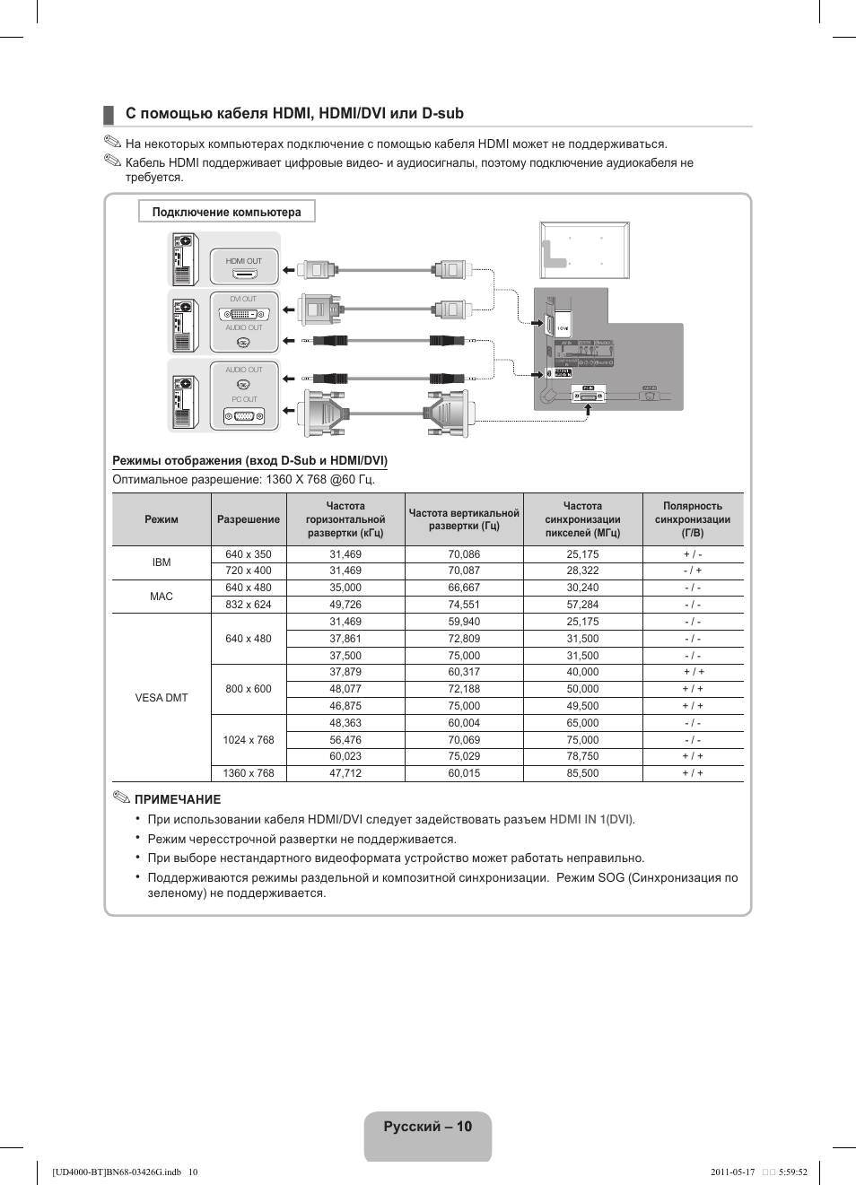 С помощью кабеля hdmi, hdmi/dvi или d-sub | Samsung UE32D4000NW User Manual | Page 58 / 146