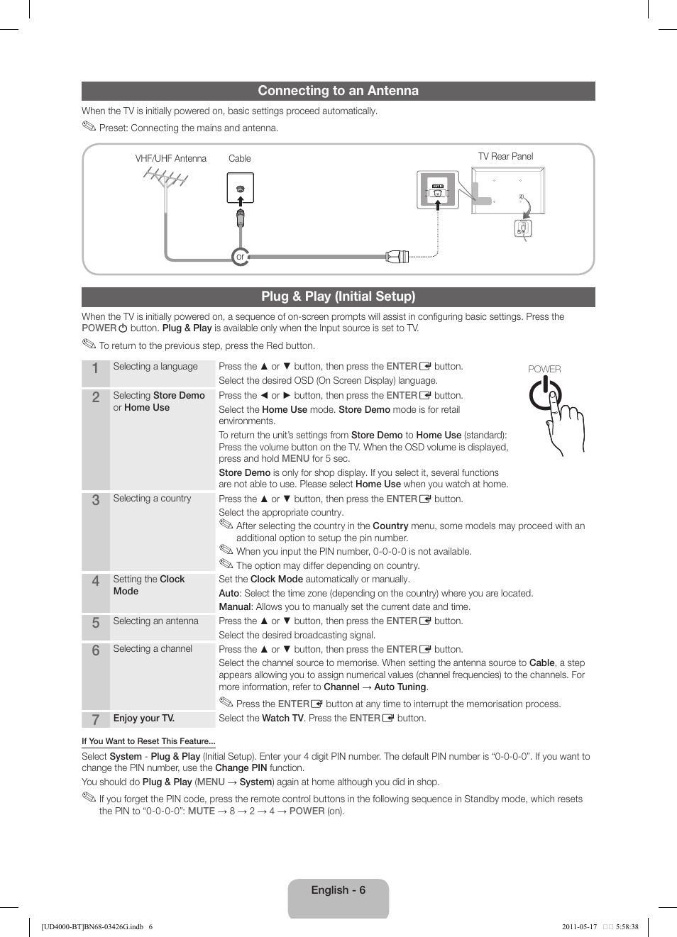 Connecting to an antenna, Plug & play (initial setup) | Samsung UE32D4000NW User Manual | Page 6 / 146