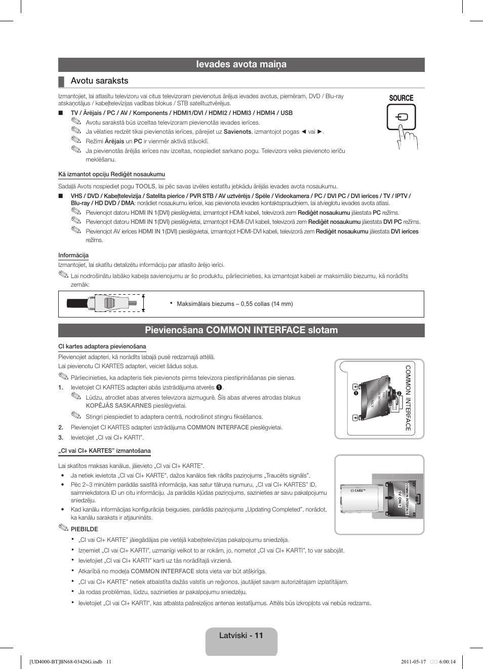 Ievades avota maiņa, Pievienošana common interface slotam | Samsung UE32D4000NW User Manual | Page 75 / 146