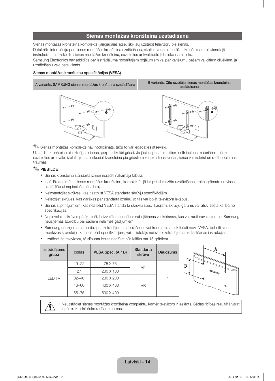 Sienas montāžas kronšteina uzstādīšana | Samsung UE32D4000NW User Manual | Page 78 / 146