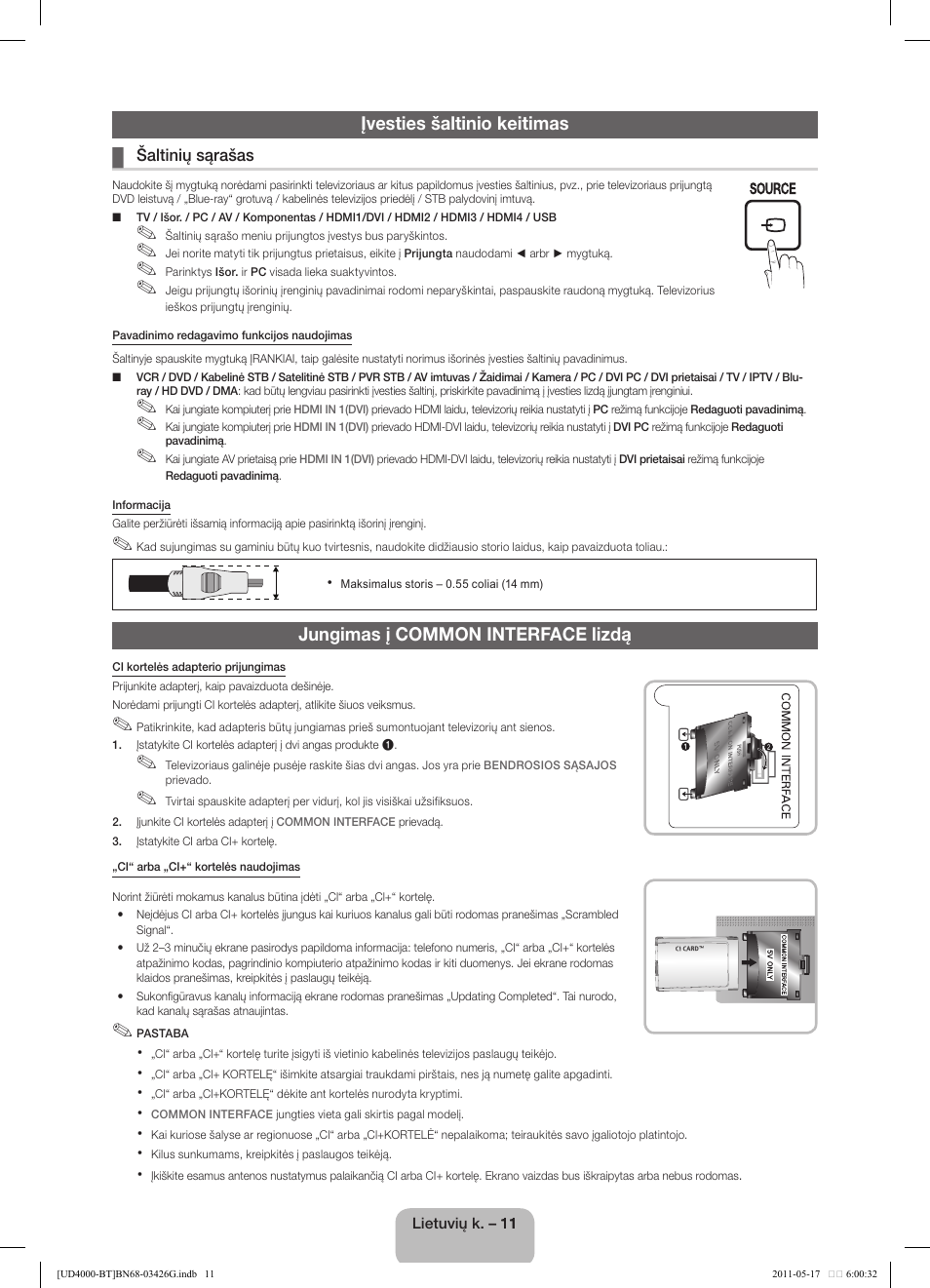 Įvesties šaltinio keitimas, Jungimas į common interface lizdą | Samsung UE32D4000NW User Manual | Page 91 / 146