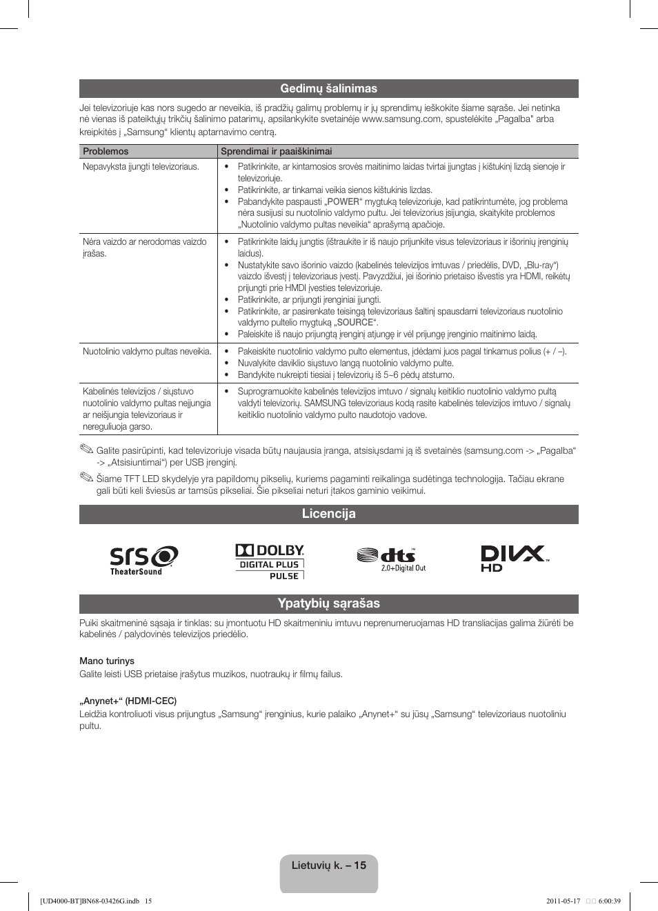 Licencija ypatybių sąrašas | Samsung UE32D4000NW User Manual | Page 95 / 146