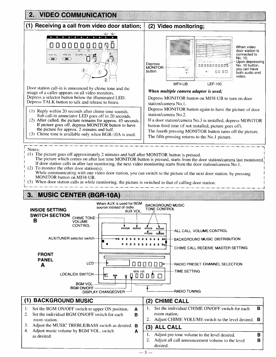 Video comiwünrcation, Music center (bqr-10a), S g d □ □ d | 1) background music (2) chime call, 3) all call | Aiphone LEF-10C User Manual | Page 3 / 4