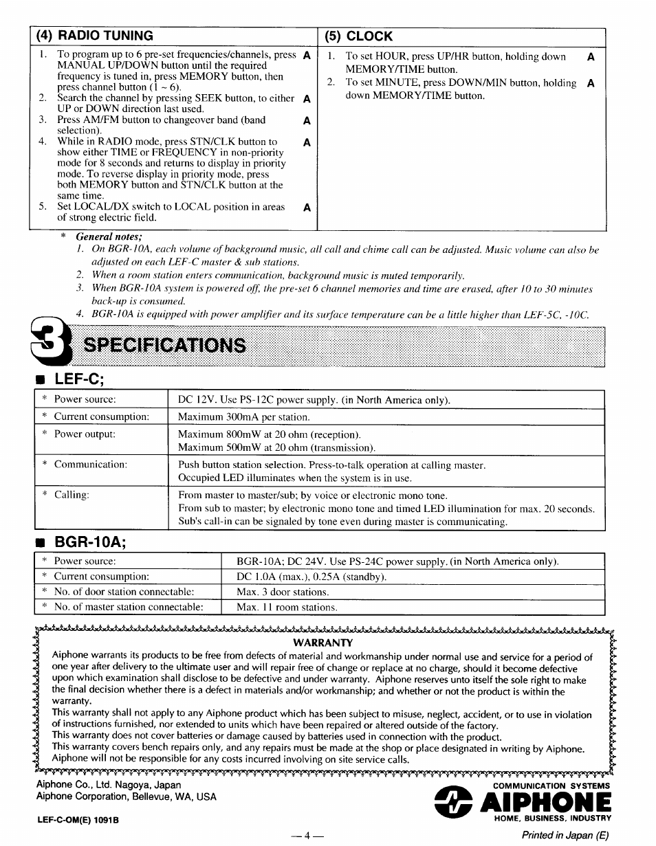 Specifications, Lef-c, Bgr-10a | Aiphone | Aiphone LEF-10C User Manual | Page 4 / 4