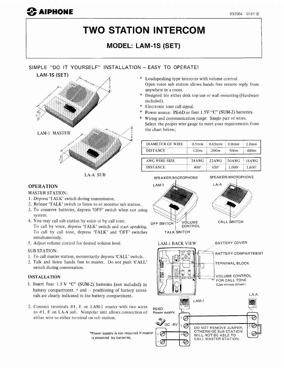 Aiphone LAM-1S User Manual | 1 page