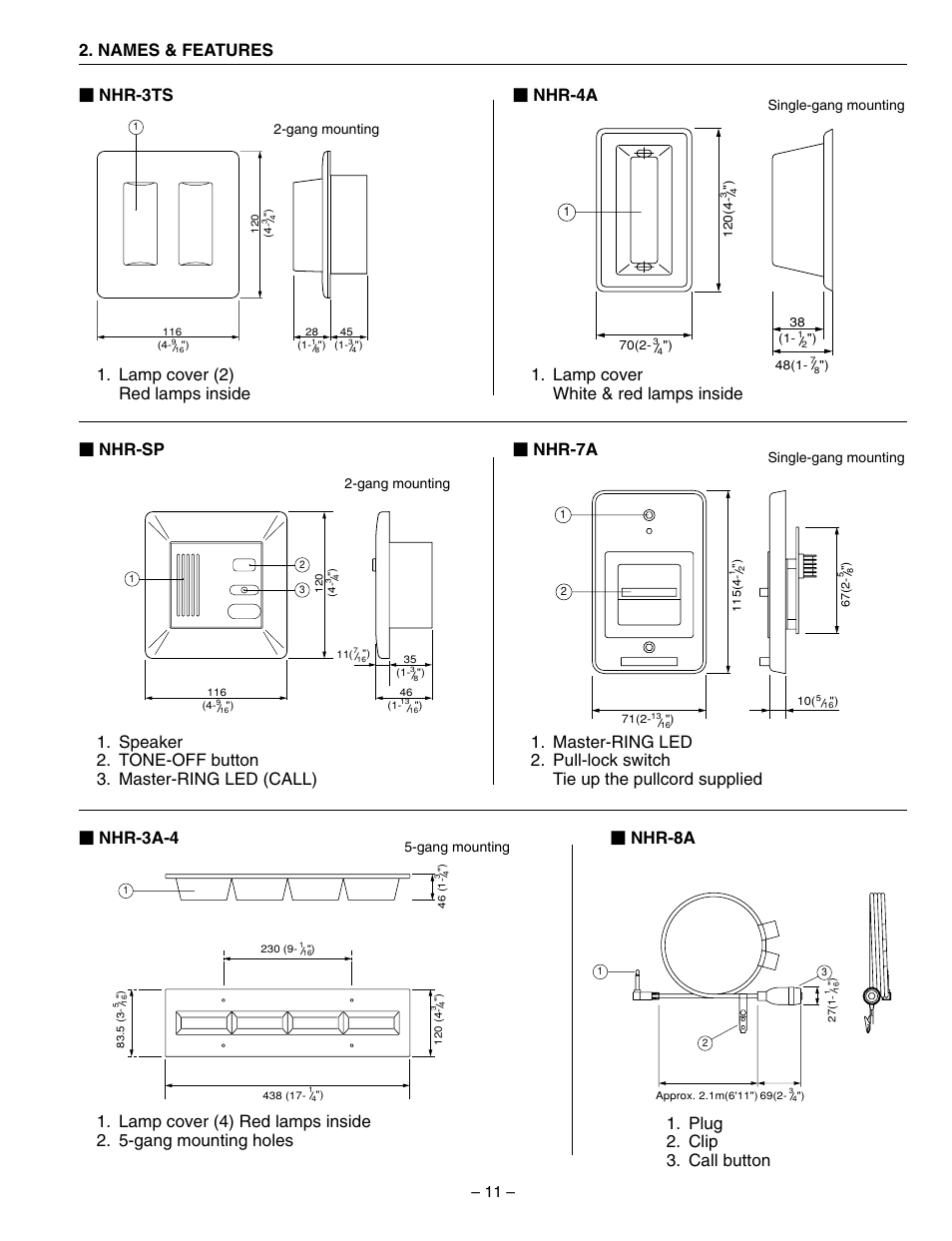 Nhr-3ts Ⅵ nhr-4a, Names & features, Plug 2. clip 3. call button | Gang mounting 5-gang mounting | Aiphone 83873900 0602 E User Manual | Page 11 / 32